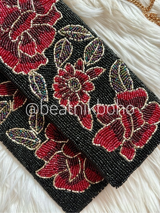 POL Handbags - POL Black Floral Beaded Shoulder Bag | Evening Clutch Statement Purse Christmas